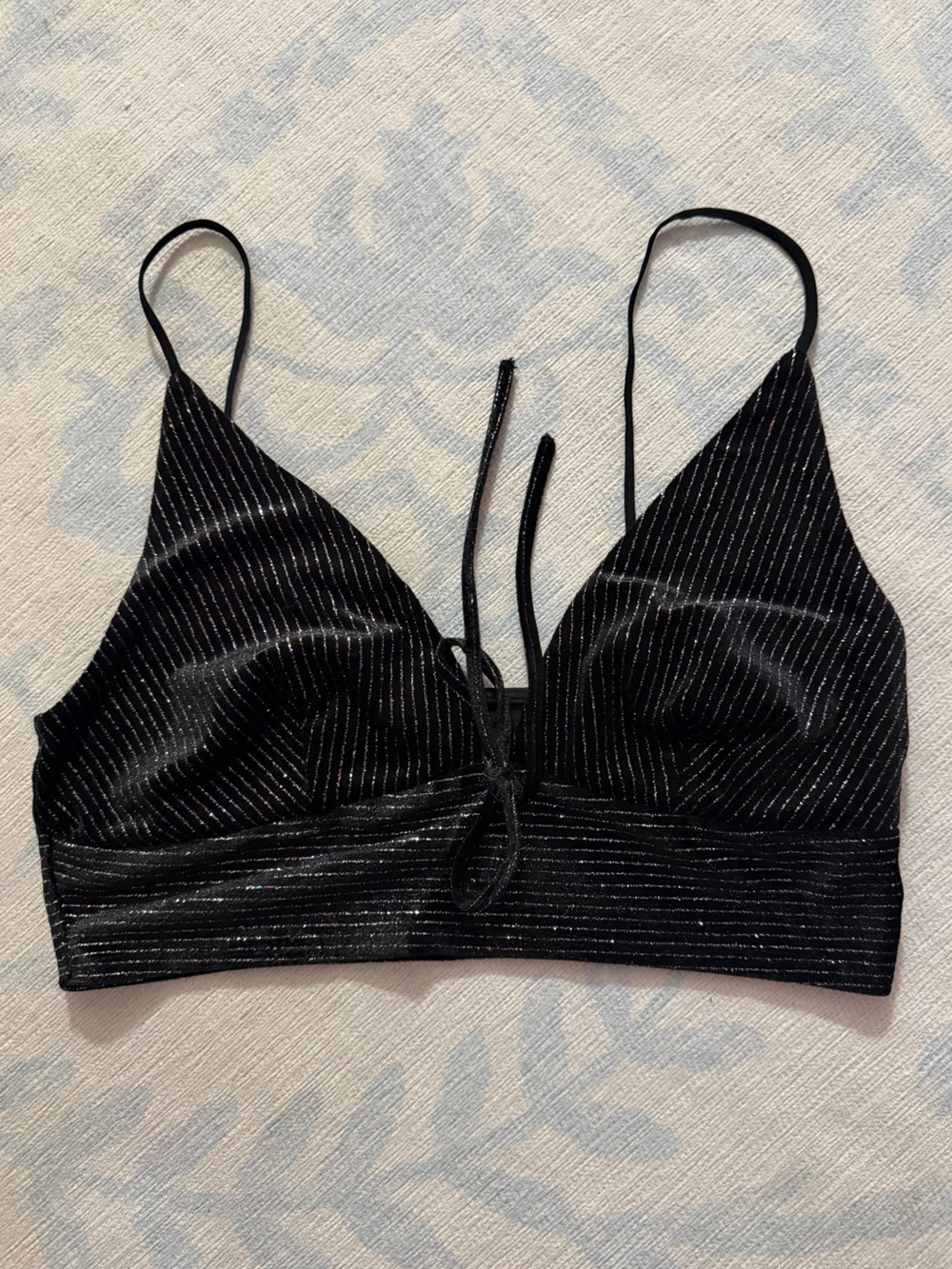 Topshop Black Metallic Pinstripe Bralette Crop Top US 4 Tie Front Sparkle Y2K